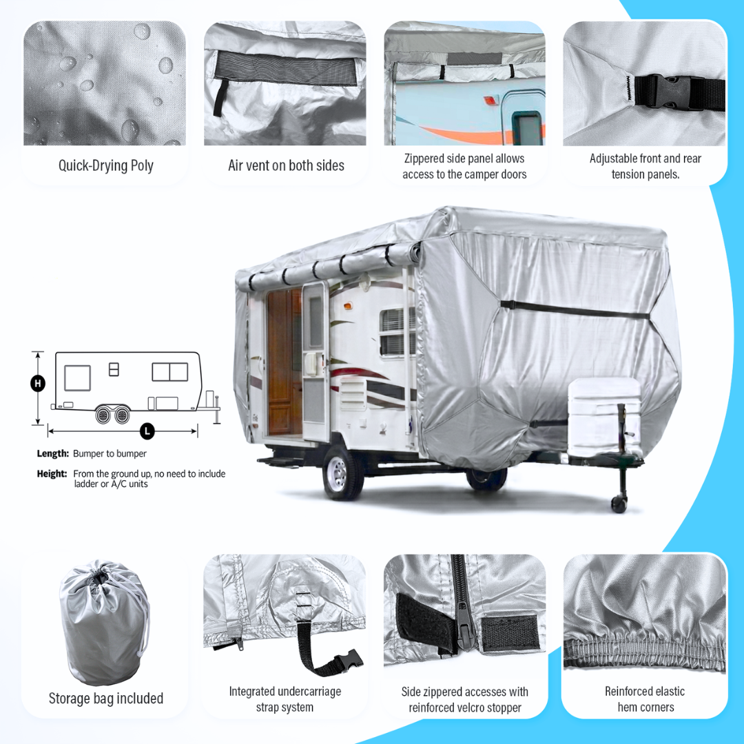 RV cover with features and specifications on a white background
