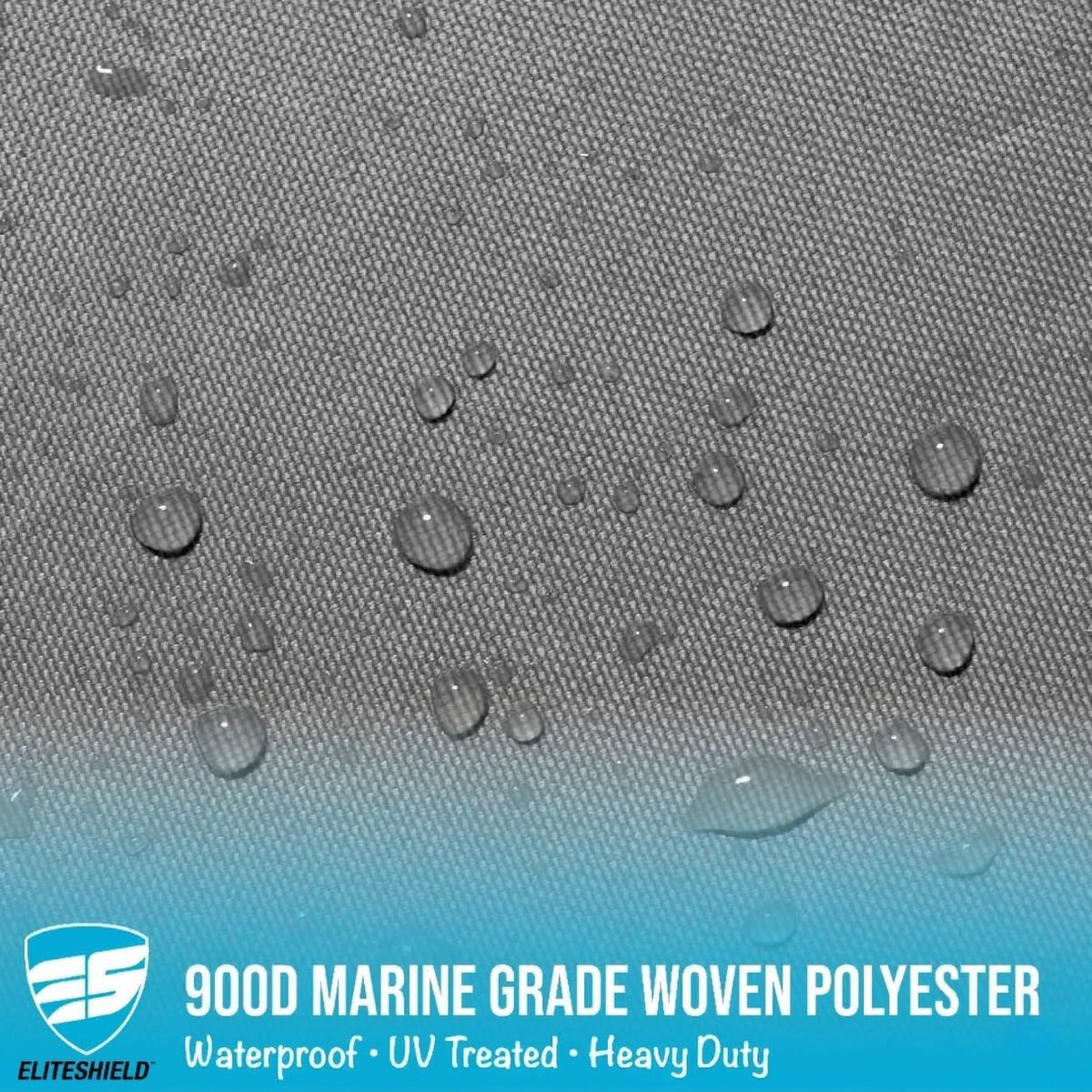 Gray woven polyester fabric with water droplets and EliteShield logo, text '900D Marine Grade Woven Polyester' displayed.