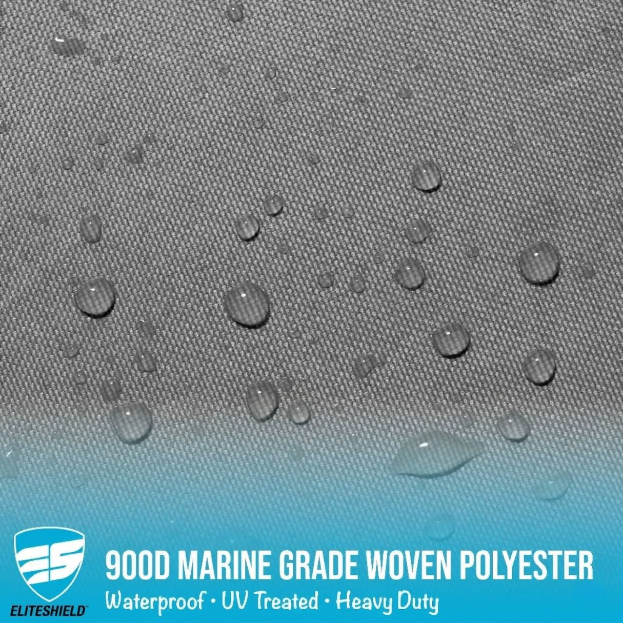 Gray woven polyester fabric with water droplets and EliteShield logo, text '900D Marine Grade Woven Polyester' displayed.