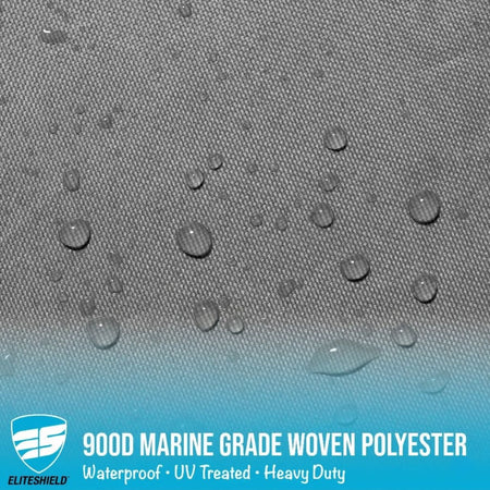 Gray woven polyester fabric with water droplets and EliteShield logo, text '900D Marine Grade Woven Polyester' displayed.
