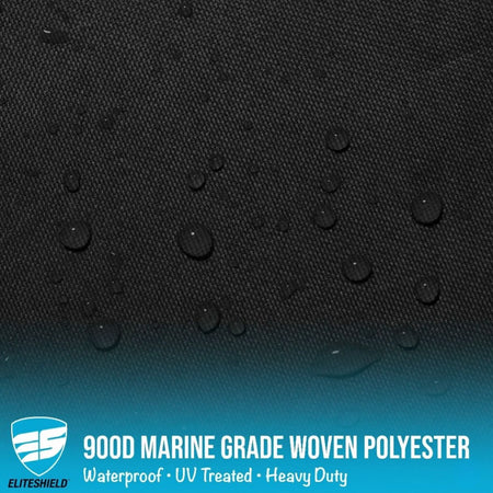 Black woven polyester fabric with water droplets and Eliteshield logo and text.