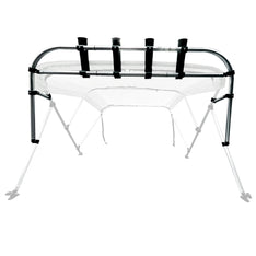 4 count fishing rod holder shown on three bow bimini top with white canvas