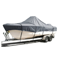 Image of the gray Center Console Elite ProShield Boat cover installed on an applicable boat type.