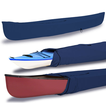 EliteShield™ Waterproof Canoe and Kayak Cover displayed in different states of covering a blue and red canoe.