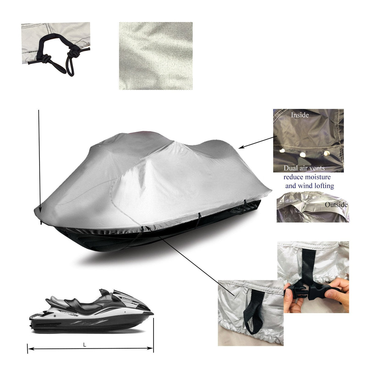 ArgentShield Jet Ski Covers silver color detail features include front opening hitch, dual air vents, release buckles and built-in loops work seamlessly with straps and buckles 