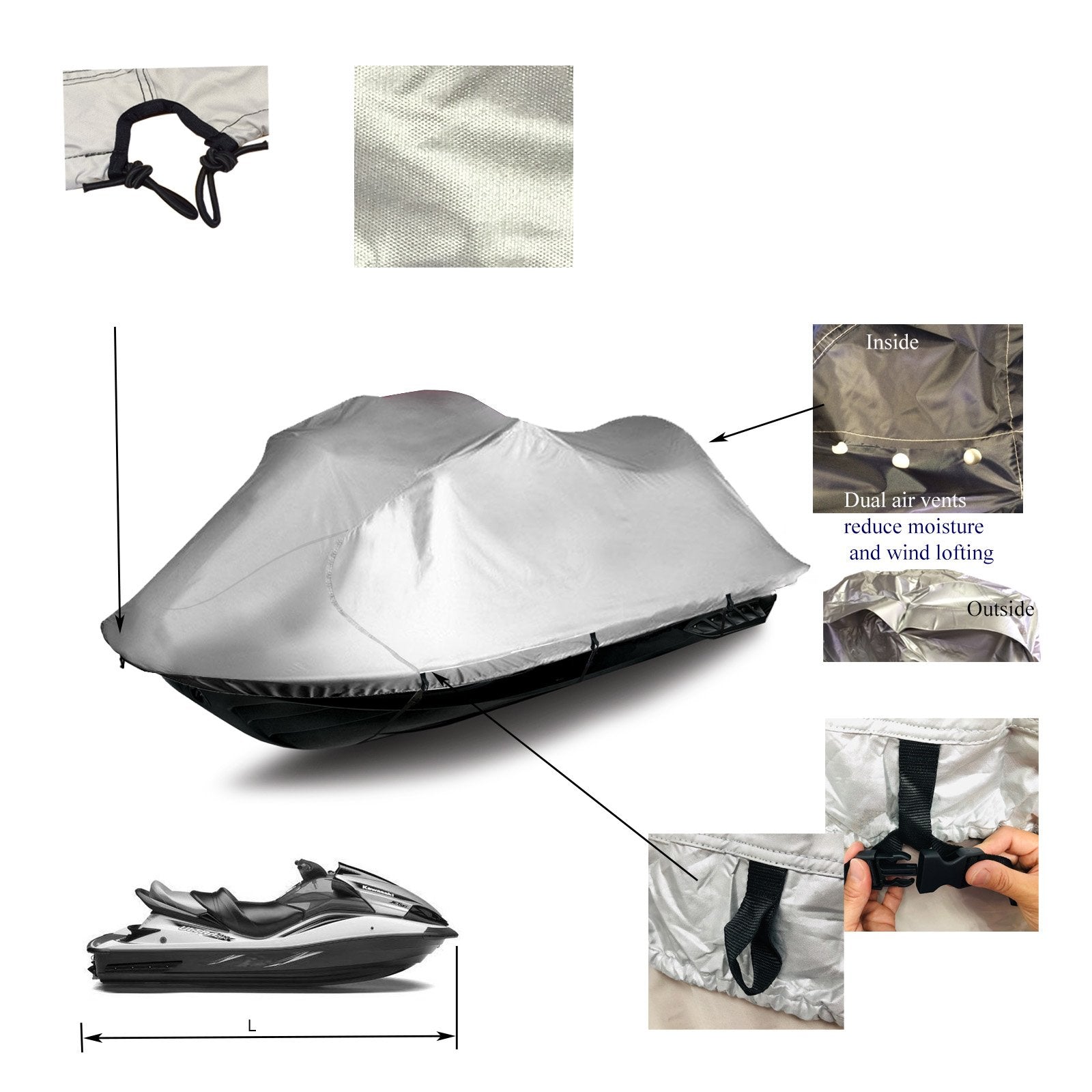 ArgentShield Jet Ski Covers silver color detail features include front opening hitch, dual air vents, release buckles and built-in loops work seamlessly with straps and buckles 