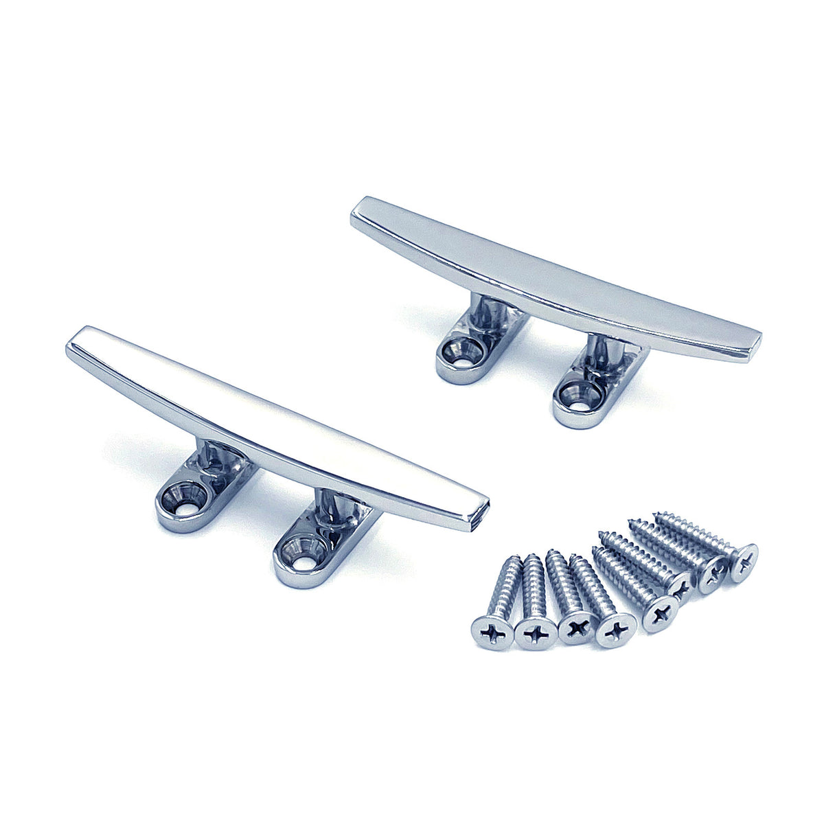 Pair of savvycraft stainless steel boat dock cleats with 8 included mounting screws, featuring a high-polish finish for marine use.